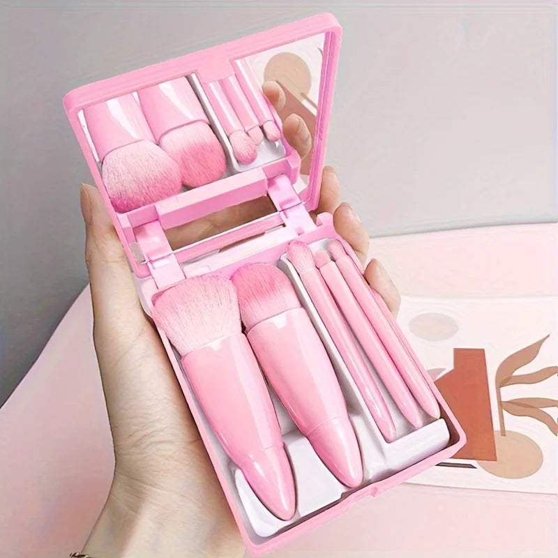 Kit com 5 Pincéis de Maquiagem Dobráveis com Espelho – Portátil para Bolsa e Viagem