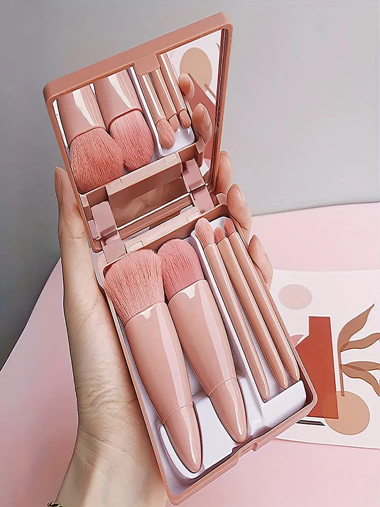Kit com 5 Pincéis de Maquiagem Dobráveis com Espelho – Portátil para Bolsa e Viagem