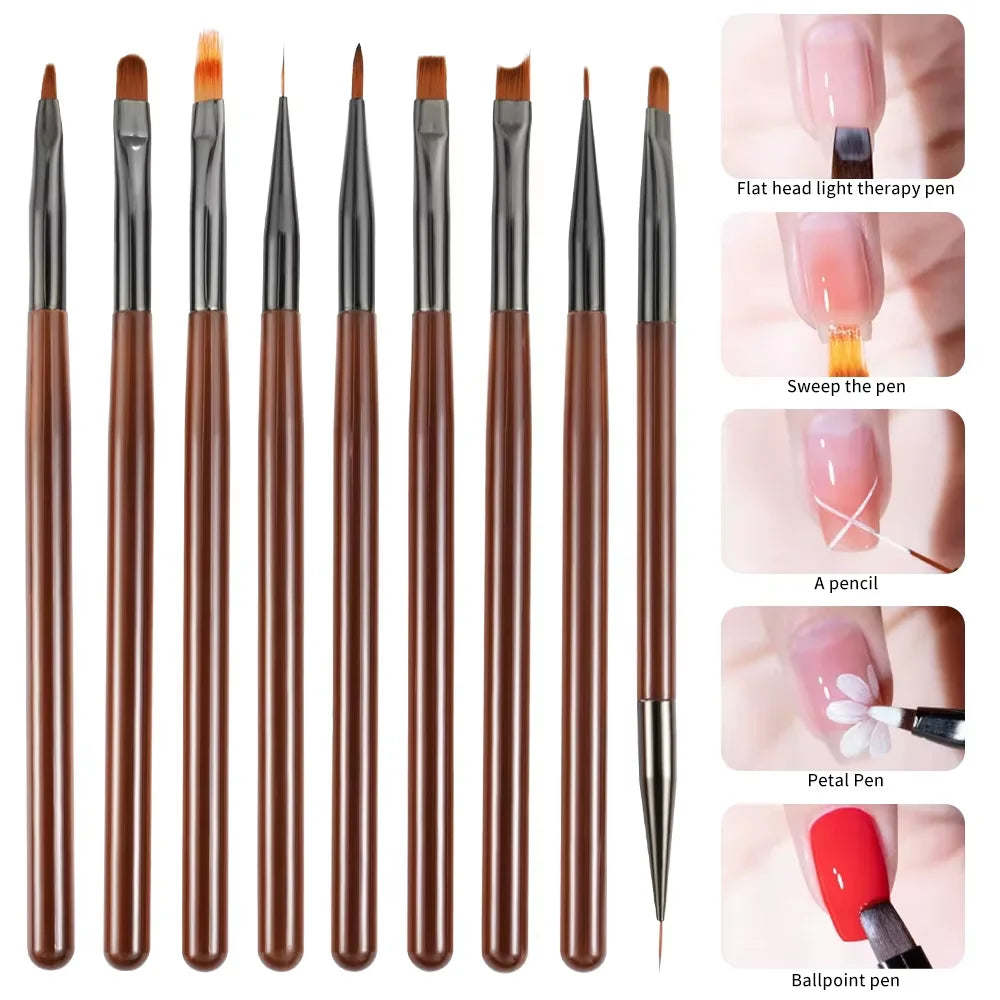 Conjunto Profissional com 9 Pincéis para Decoração de Unha Nail Art